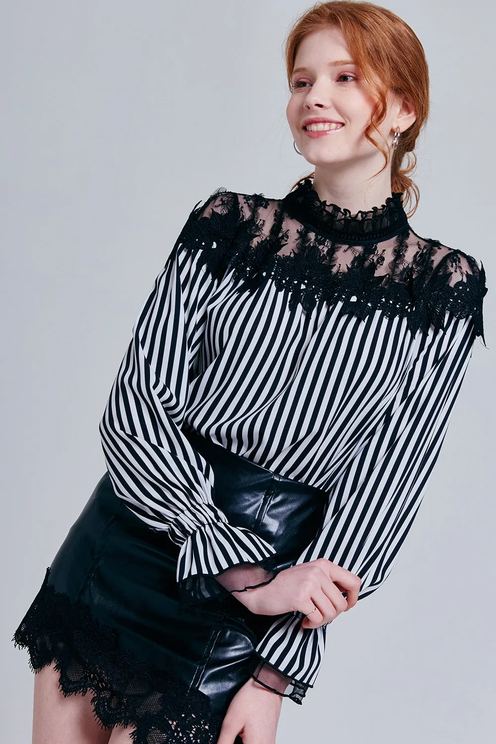 Alayna Lace Overlay Striped Blouse