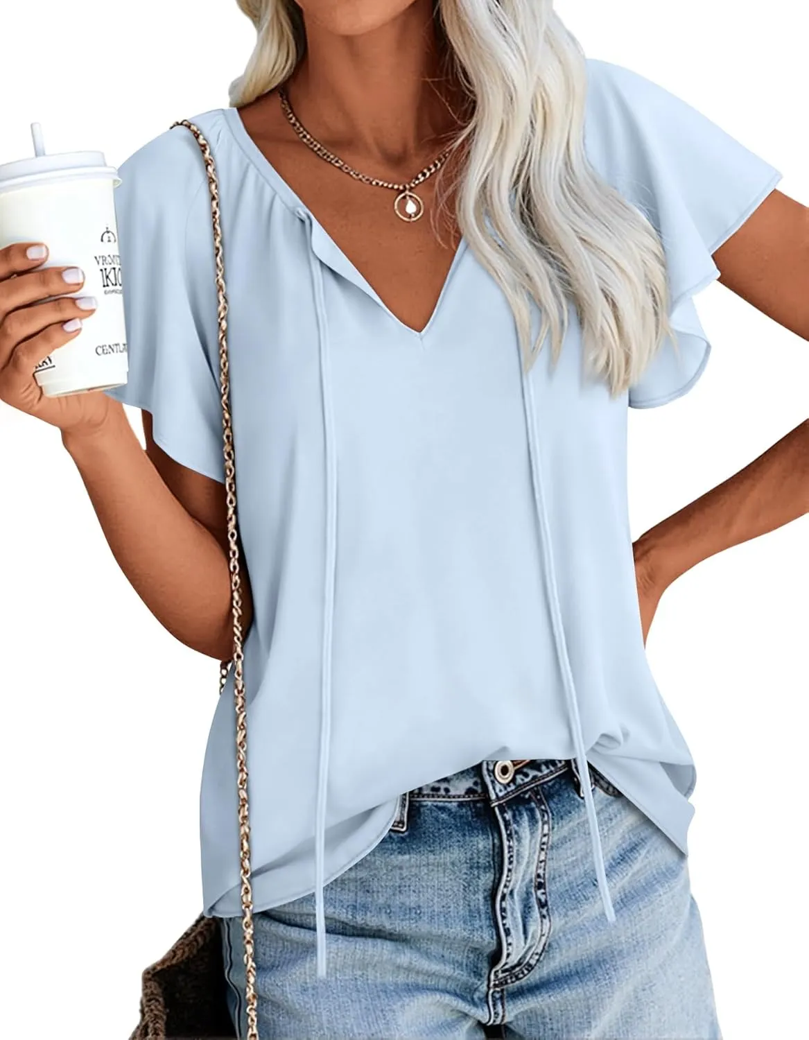 Anydoll Womens Summer Blouse 2025 Boho Short Sleeve Tops V Neck Casual Dressy Chiffon Shirts