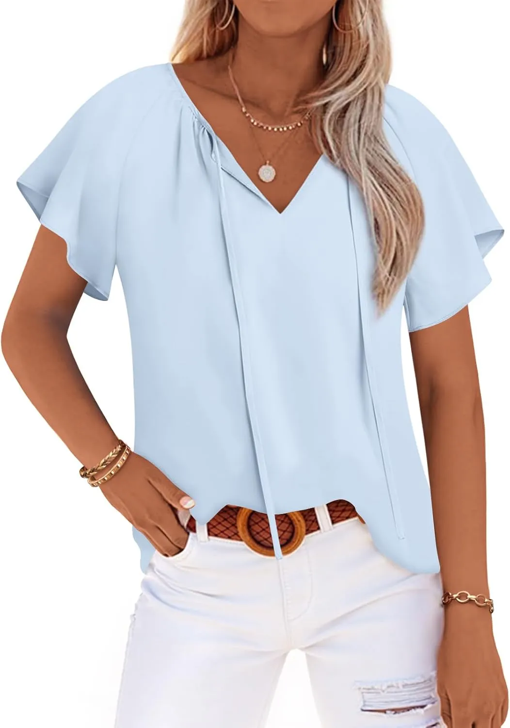 Anydoll Womens Summer Blouse 2025 Boho Short Sleeve Tops V Neck Casual Dressy Chiffon Shirts