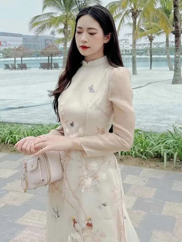 Ao Dai Vietnam Beige Branches Includes One Ao Dai Top And Pants