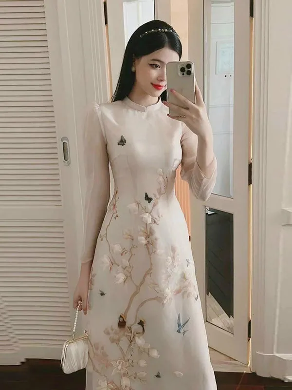 Ao Dai Vietnam Beige Branches Includes One Ao Dai Top And Pants