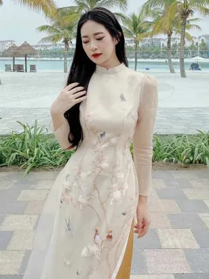 Ao Dai Vietnam Beige Branches Includes One Ao Dai Top And Pants