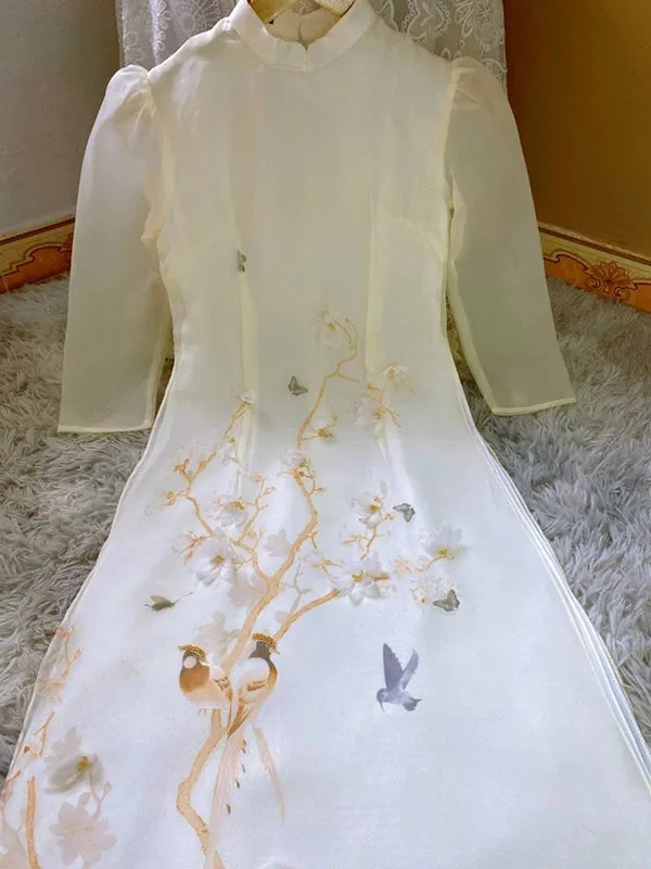 Ao Dai Vietnam Beige Branches Includes One Ao Dai Top And Pants
