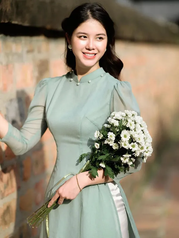 Ao Dai Vietnam Cyan Pearl Puffy Sleeve Chiffon Include Ao Dai Top And Pants