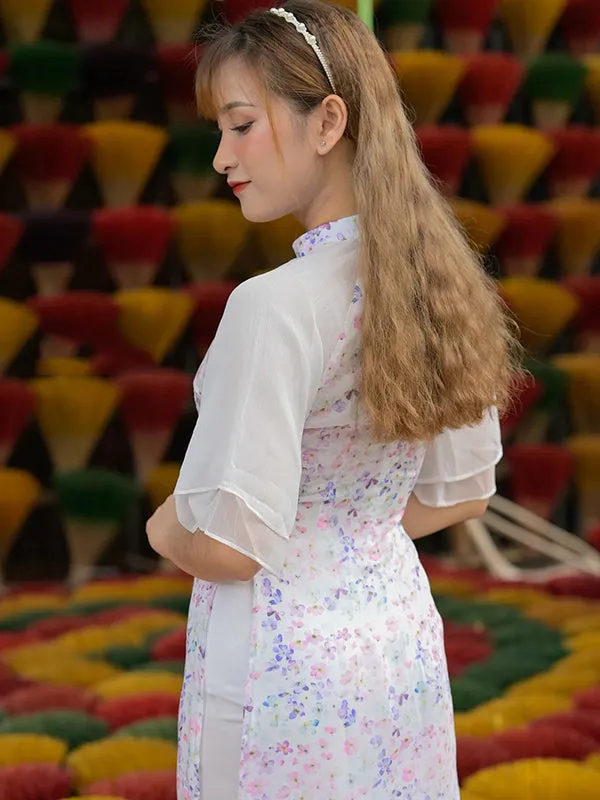 Ao Dai Vietnam Purple Wing Sleeve Mini Flowers Ao Dai Top And White Pants