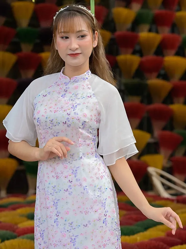 Ao Dai Vietnam Purple Wing Sleeve Mini Flowers Ao Dai Top And White Pants
