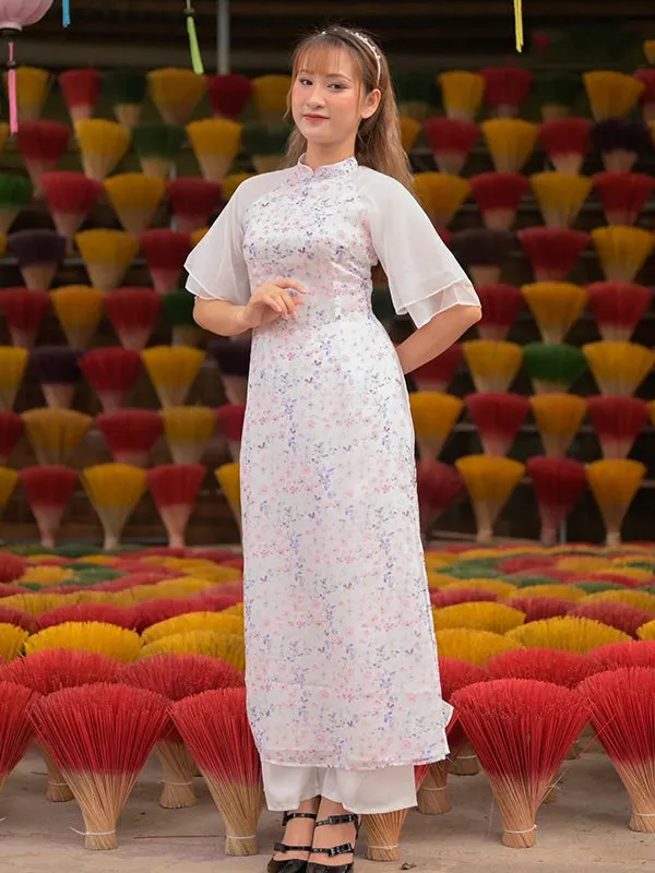 Ao Dai Vietnam Purple Wing Sleeve Mini Flowers Ao Dai Top And White Pants