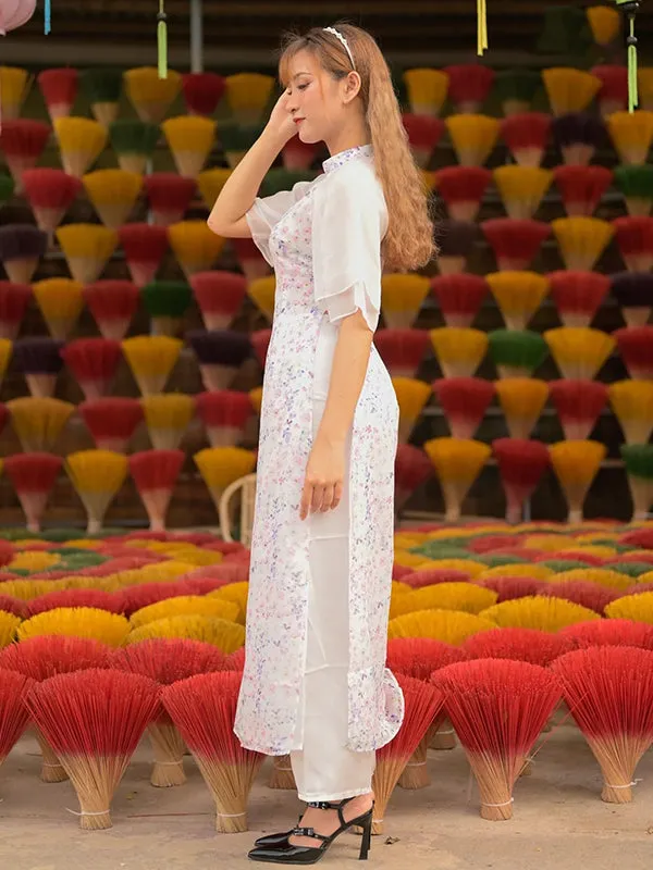 Ao Dai Vietnam Purple Wing Sleeve Mini Flowers Ao Dai Top And White Pants