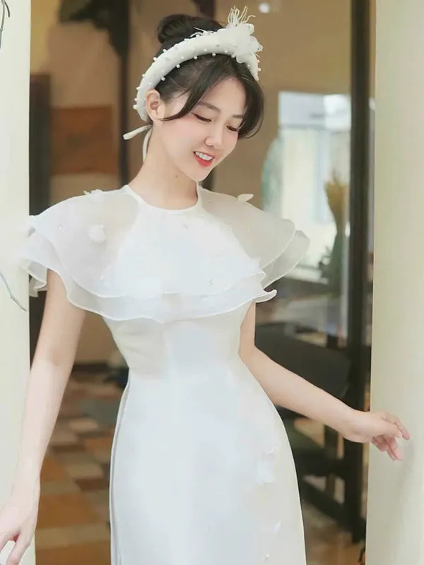 Ao Dai Vietnam White Removable Cape Include Ao Dai Top And Pants No Headband