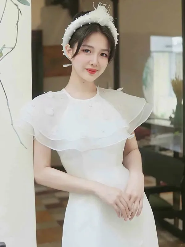 Ao Dai Vietnam White Removable Cape Include Ao Dai Top And Pants No Headband
