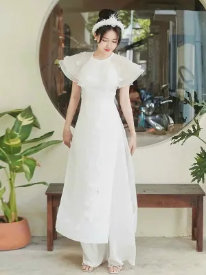 Ao Dai Vietnam White Removable Cape Include Ao Dai Top And Pants No Headband