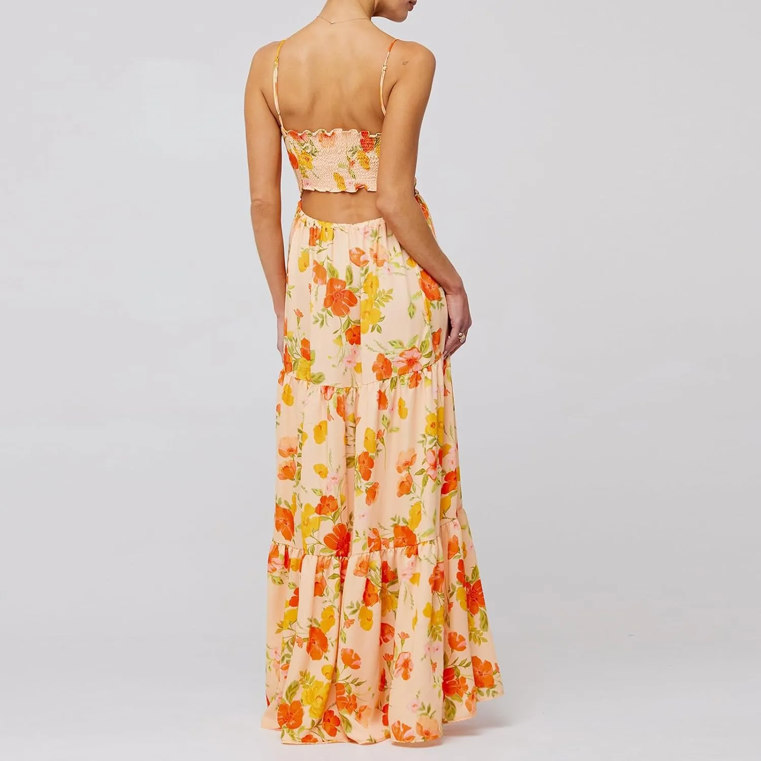 Aopwsrlyi Women Summer Sleeveless Backless Spaghetti Strap Long Floral Dress Sexy Cut Out Smocked Flowy Maxi Dress
