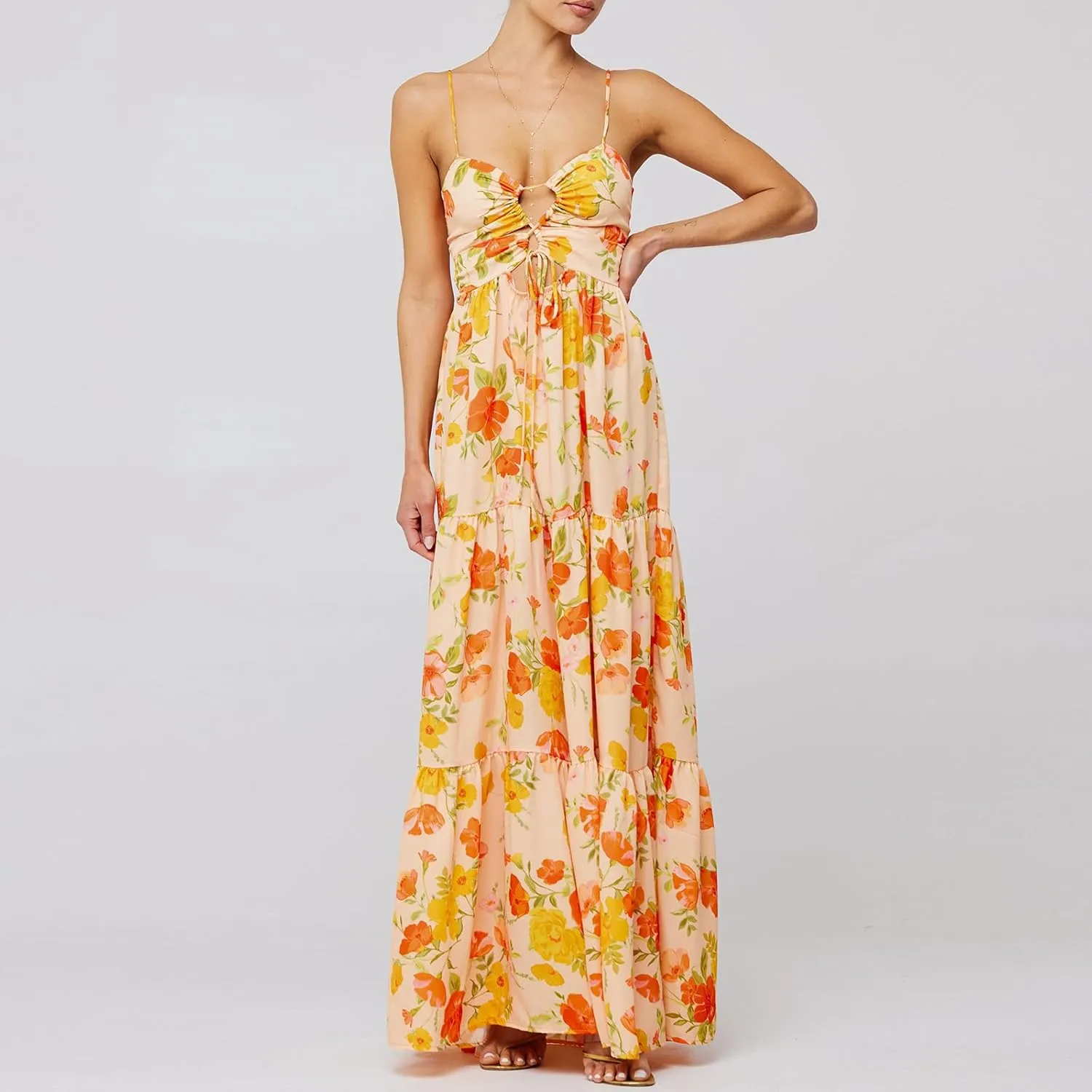 Aopwsrlyi Women Summer Sleeveless Backless Spaghetti Strap Long Floral Dress Sexy Cut Out Smocked Flowy Maxi Dress