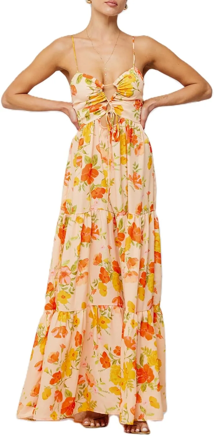 Aopwsrlyi Women Summer Sleeveless Backless Spaghetti Strap Long Floral Dress Sexy Cut Out Smocked Flowy Maxi Dress