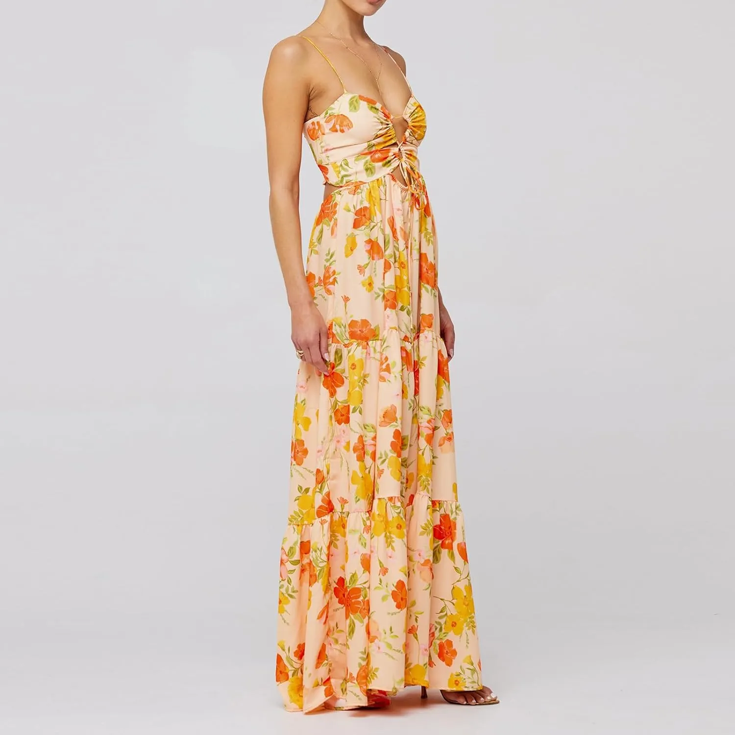 Aopwsrlyi Women Summer Sleeveless Backless Spaghetti Strap Long Floral Dress Sexy Cut Out Smocked Flowy Maxi Dress