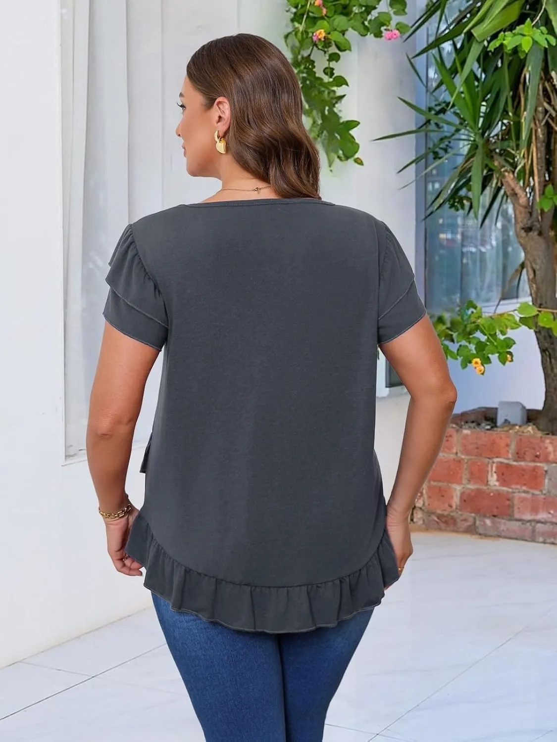 Beauhuty Womens Plus Size Shirts Square Neck Tops Ruffled Hem Tunic Casual Flowy Dressy Blouses Ruffle Short Sleeves Summer
