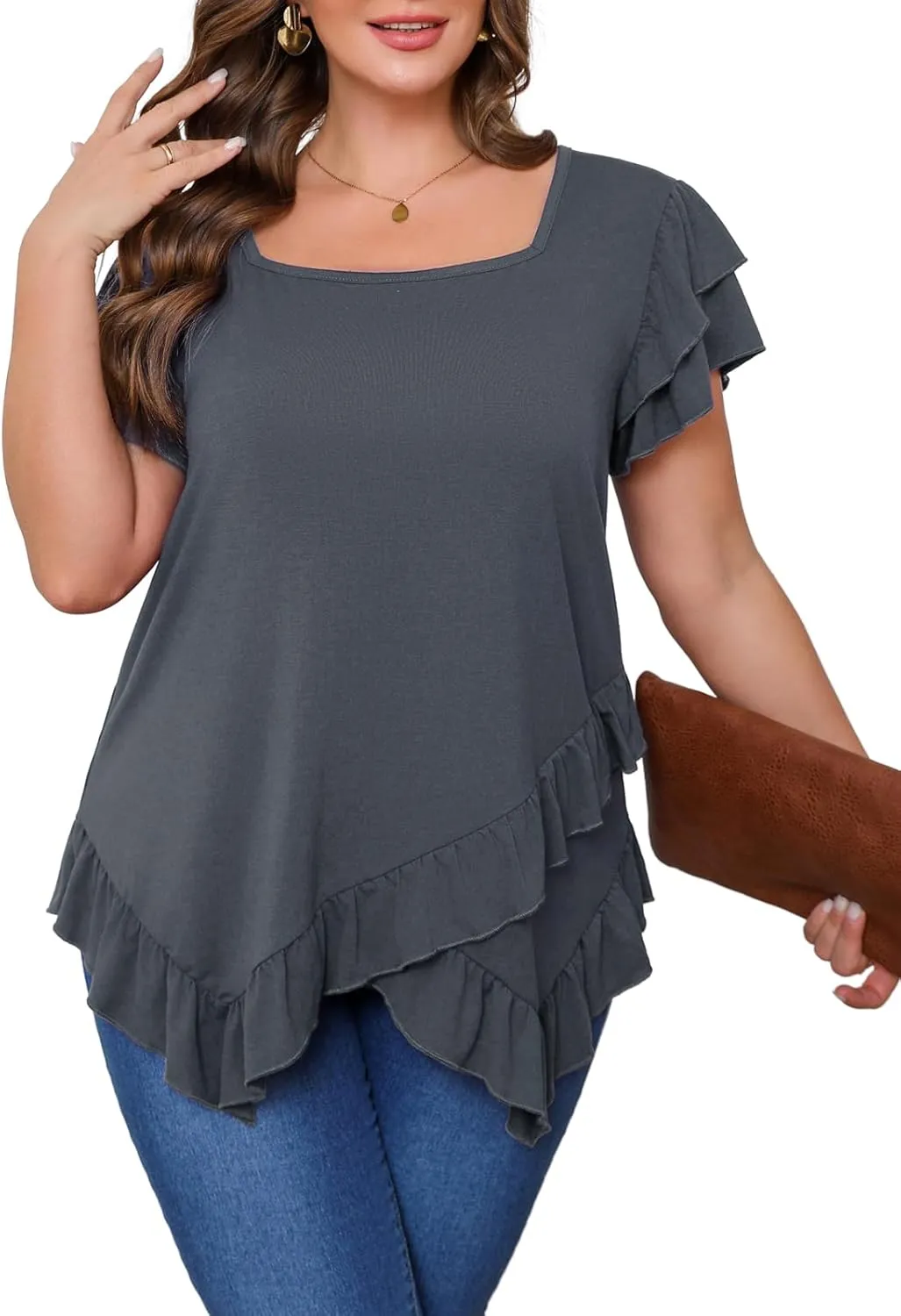 Beauhuty Womens Plus Size Shirts Square Neck Tops Ruffled Hem Tunic Casual Flowy Dressy Blouses Ruffle Short Sleeves Summer