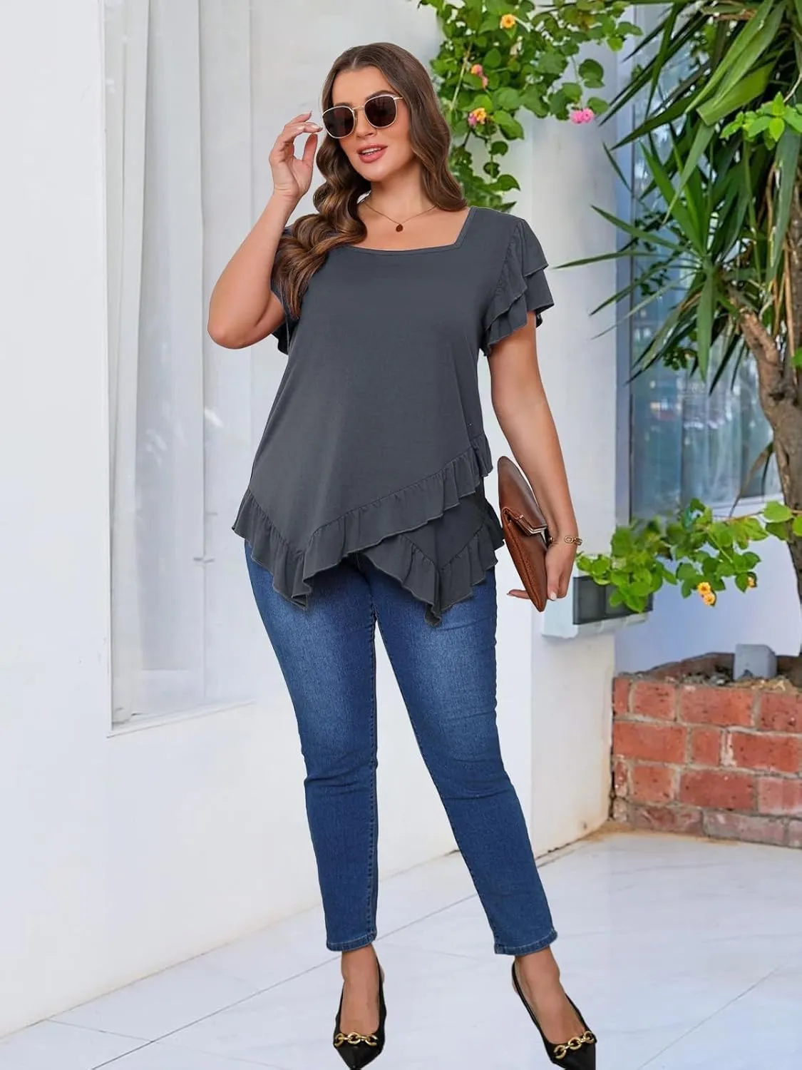 Beauhuty Womens Plus Size Shirts Square Neck Tops Ruffled Hem Tunic Casual Flowy Dressy Blouses Ruffle Short Sleeves Summer