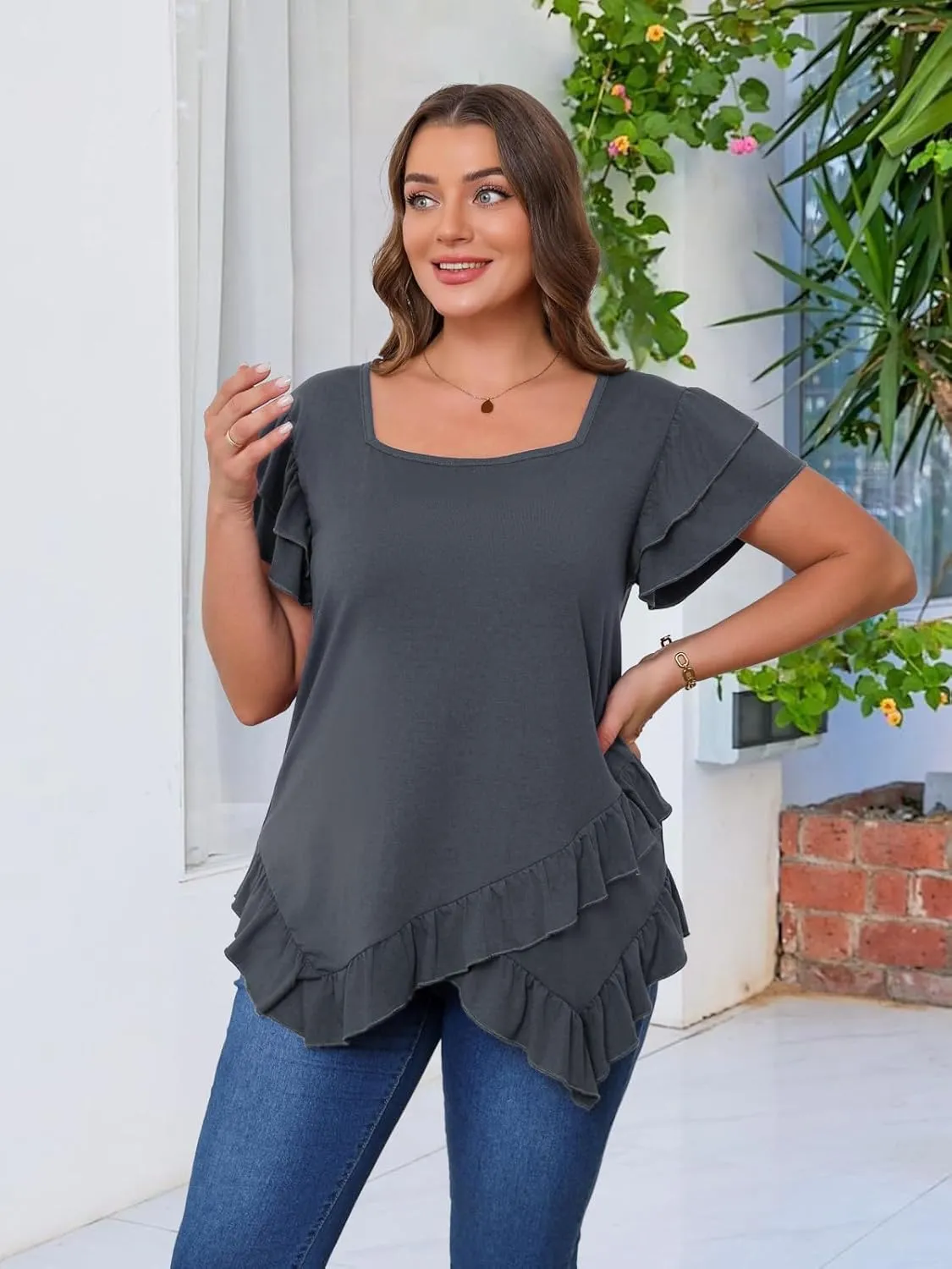 Beauhuty Womens Plus Size Shirts Square Neck Tops Ruffled Hem Tunic Casual Flowy Dressy Blouses Ruffle Short Sleeves Summer