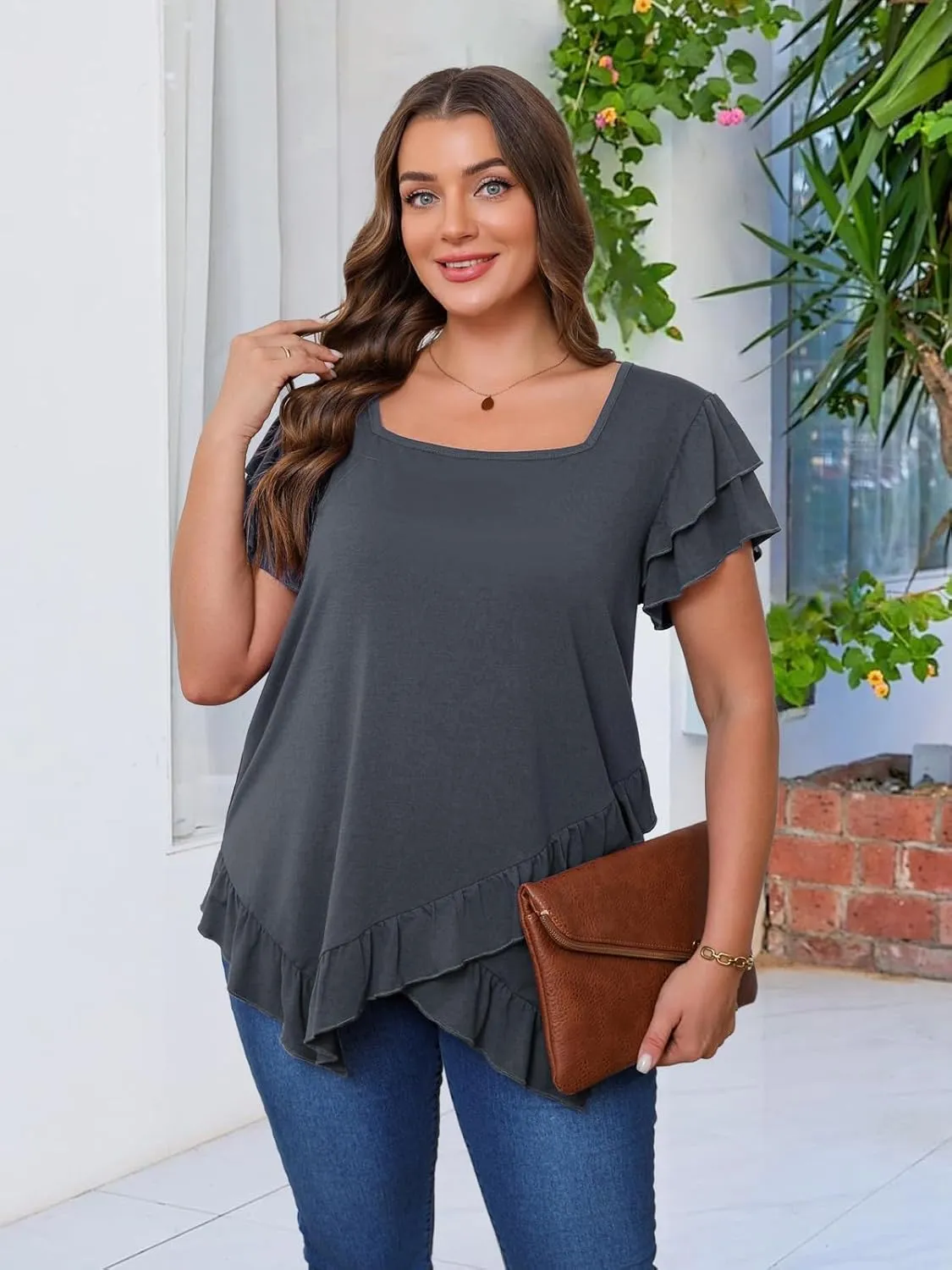 Beauhuty Womens Plus Size Shirts Square Neck Tops Ruffled Hem Tunic Casual Flowy Dressy Blouses Ruffle Short Sleeves Summer