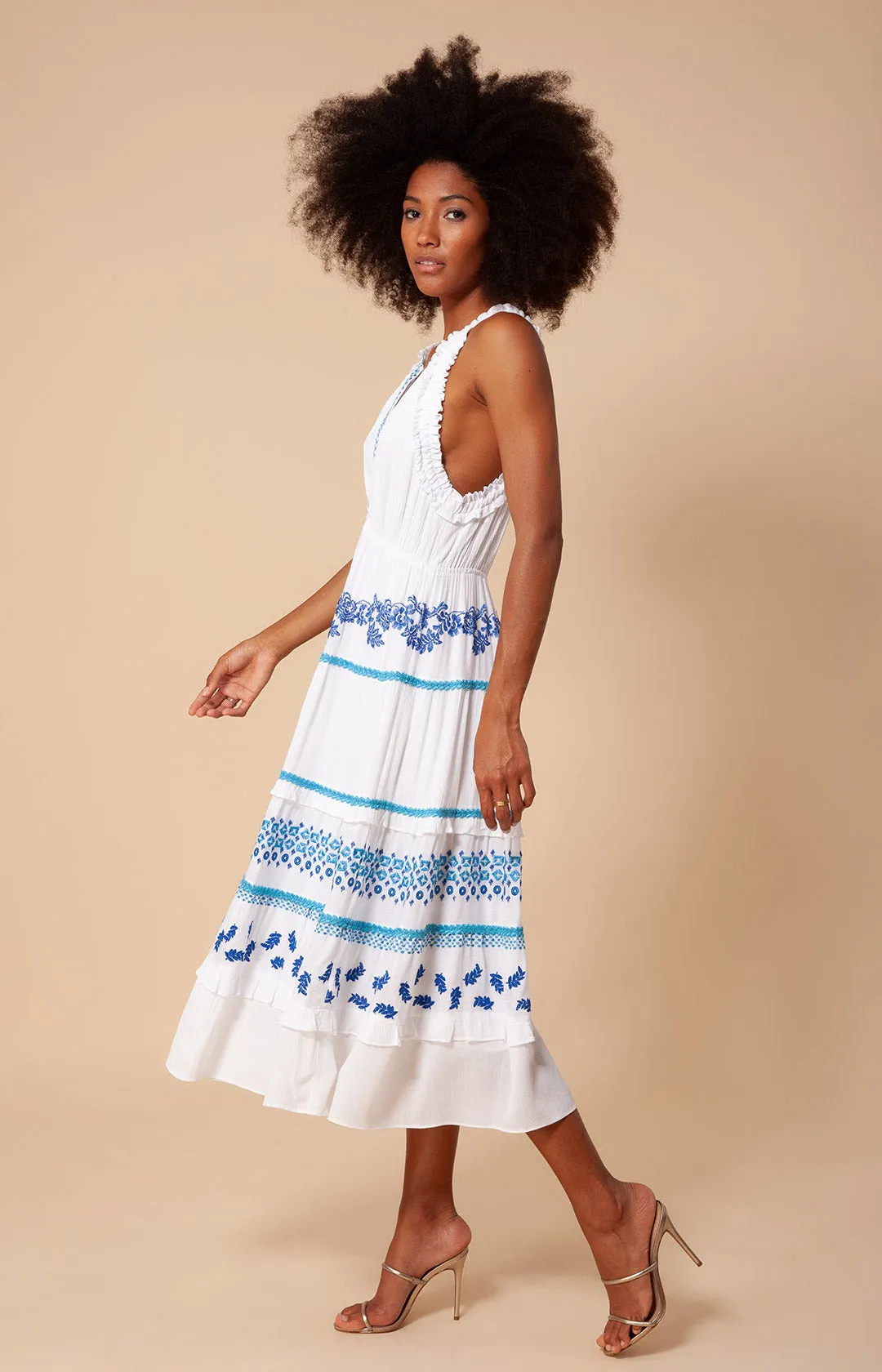 Becky Embroidered Crinkle Gauze Midi Dress