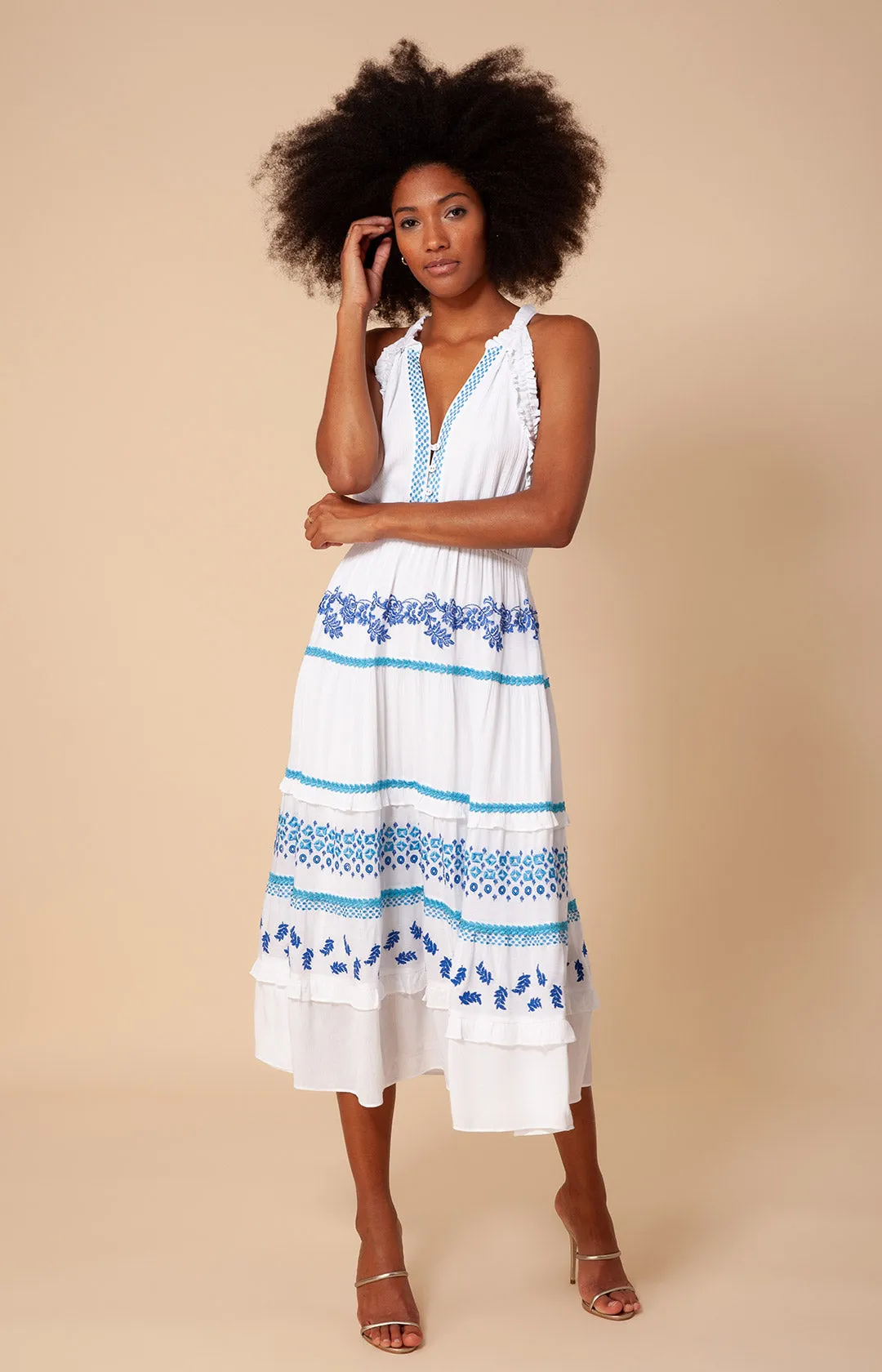 Becky Embroidered Crinkle Gauze Midi Dress