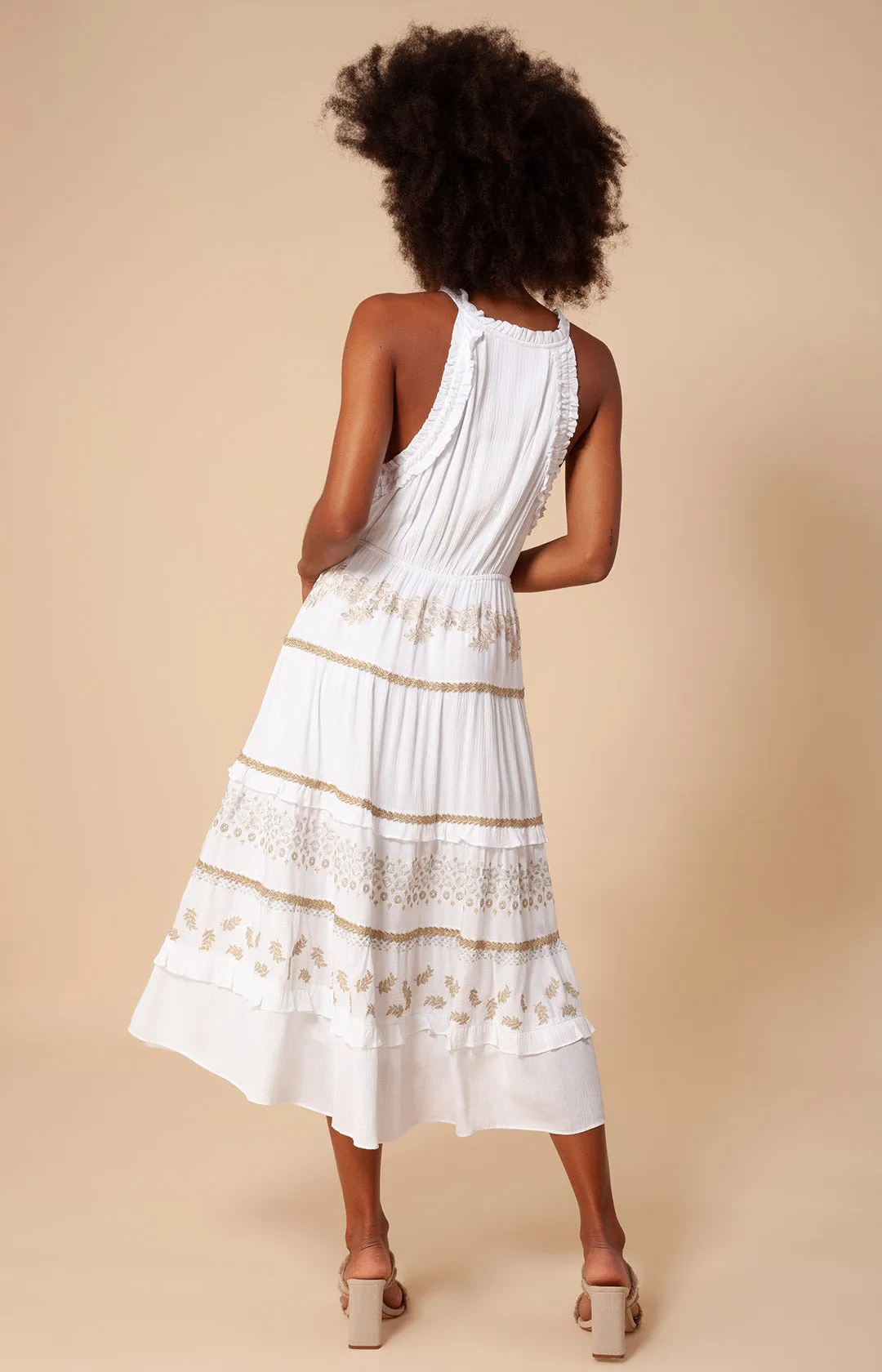 Becky Embroidered Crinkle Gauze Midi Dress