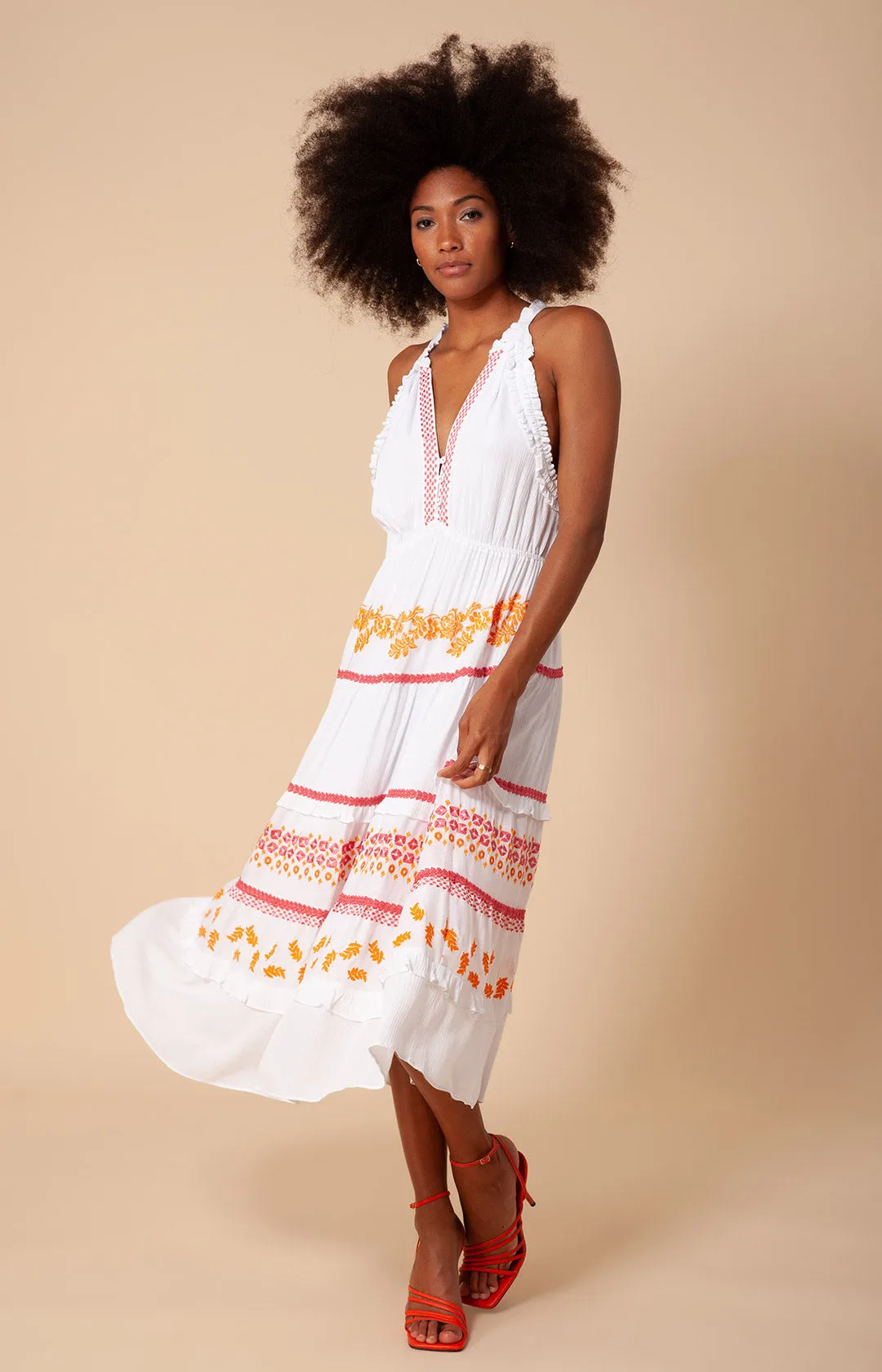 Becky Embroidered Crinkle Gauze Midi Dress
