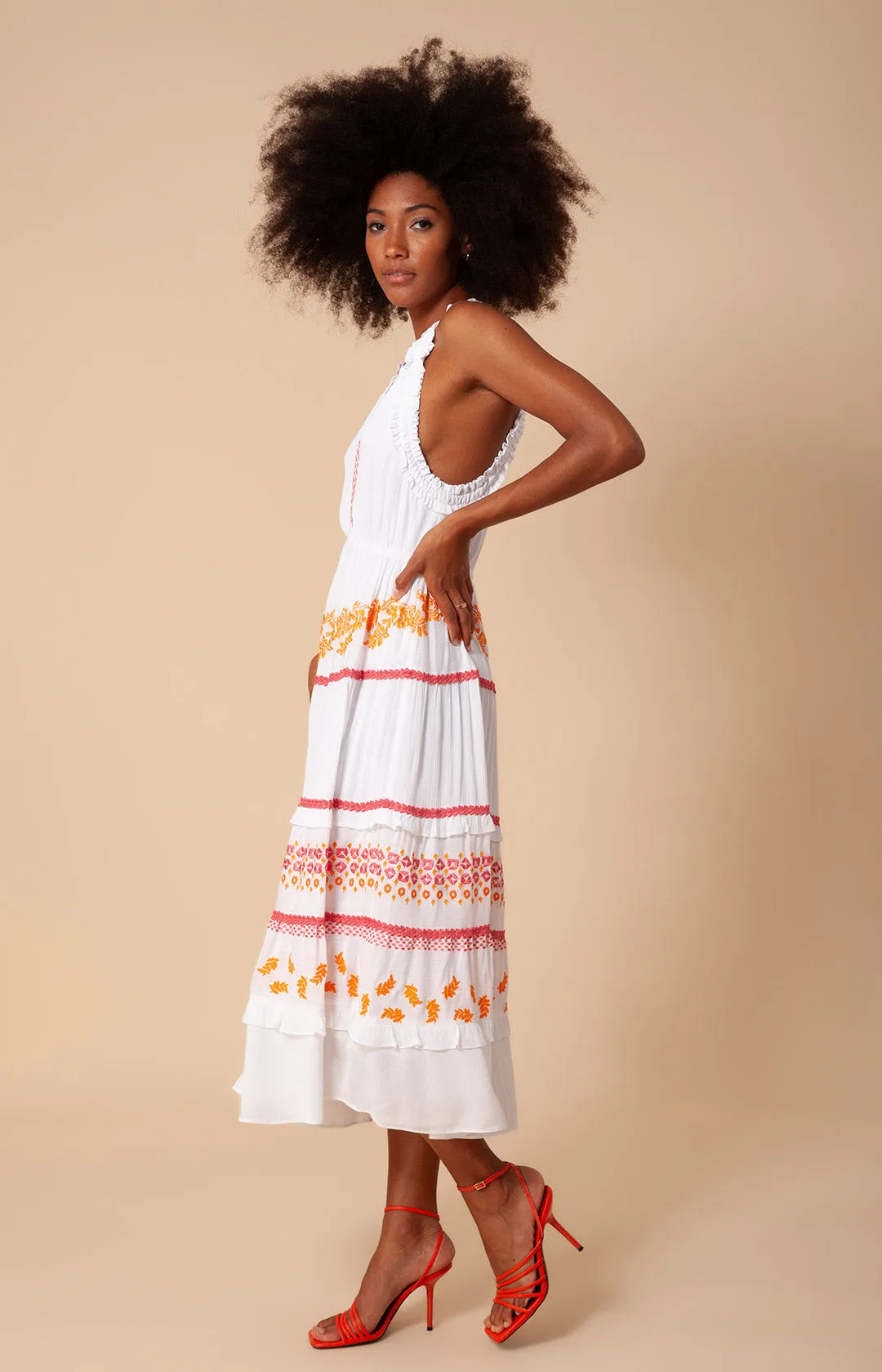 Becky Embroidered Crinkle Gauze Midi Dress