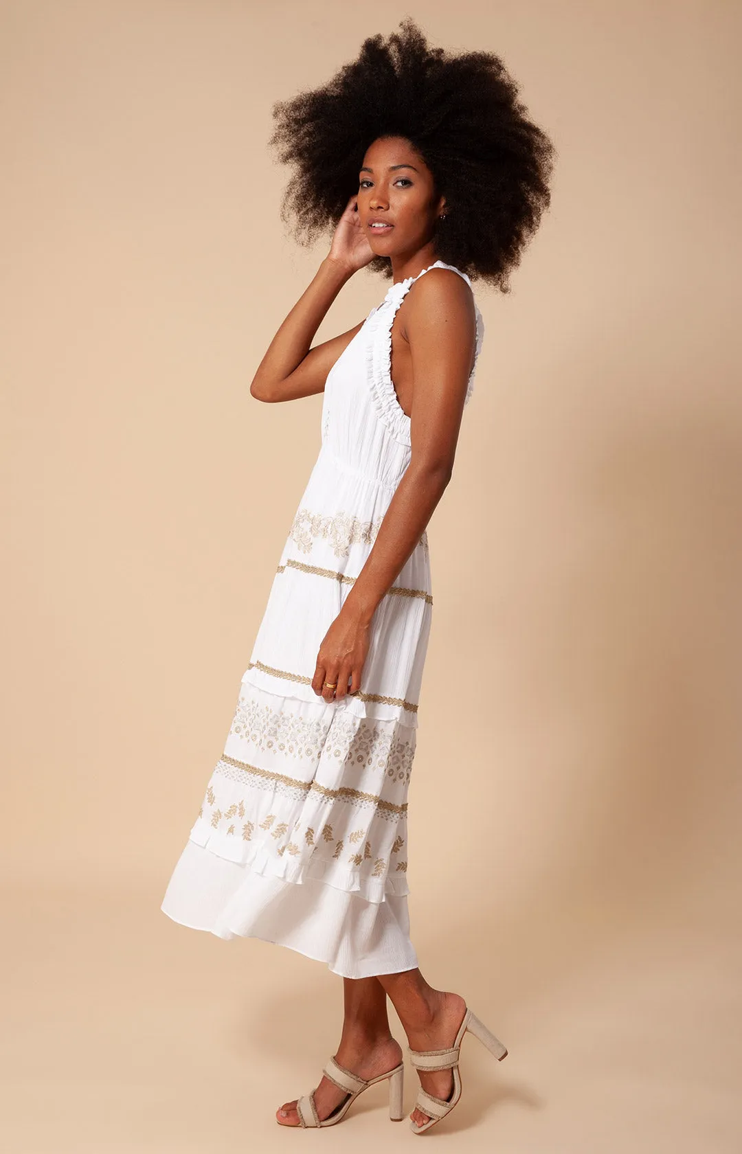 Becky Embroidered Crinkle Gauze Midi Dress