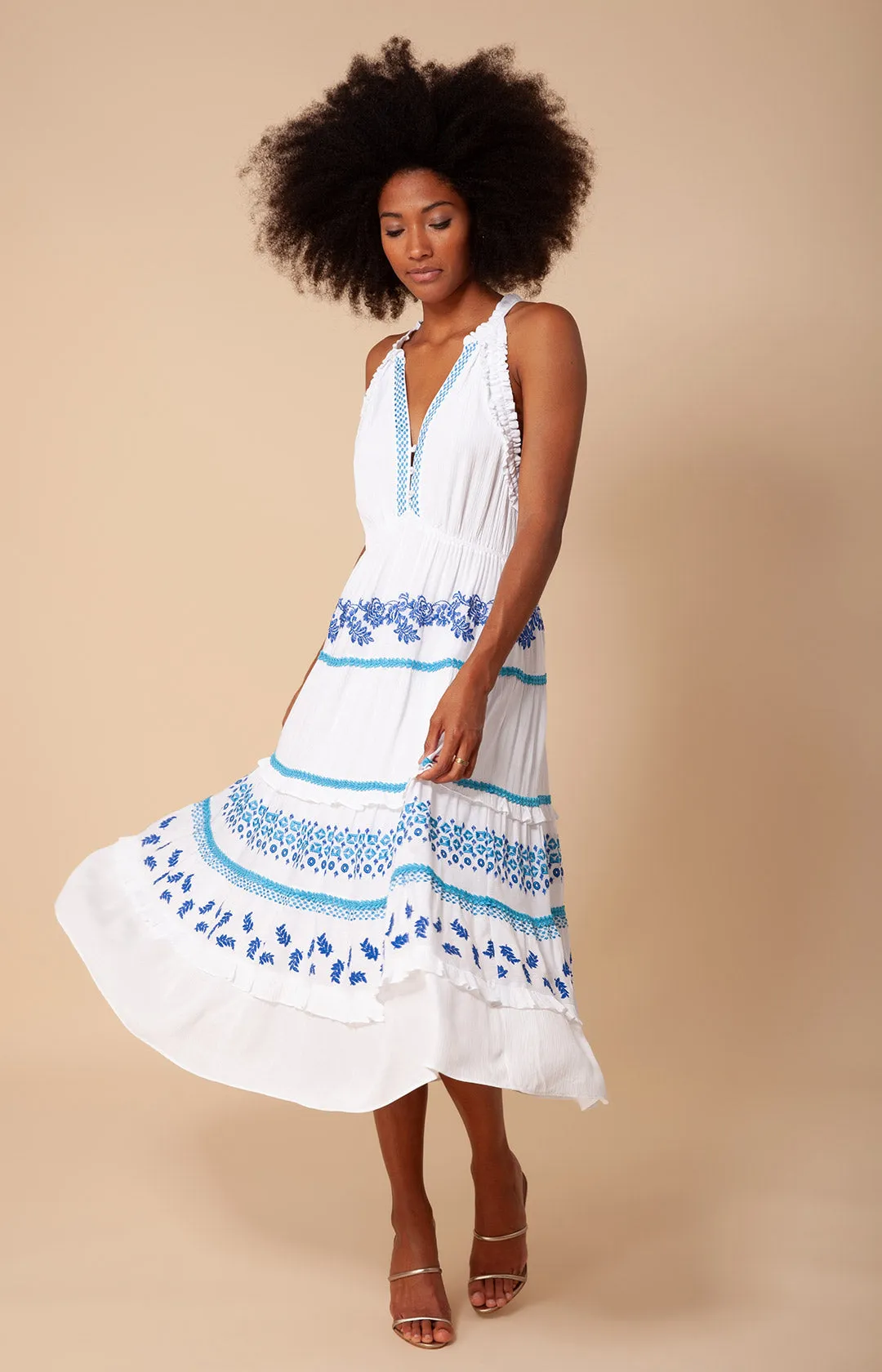 Becky Embroidered Crinkle Gauze Midi Dress