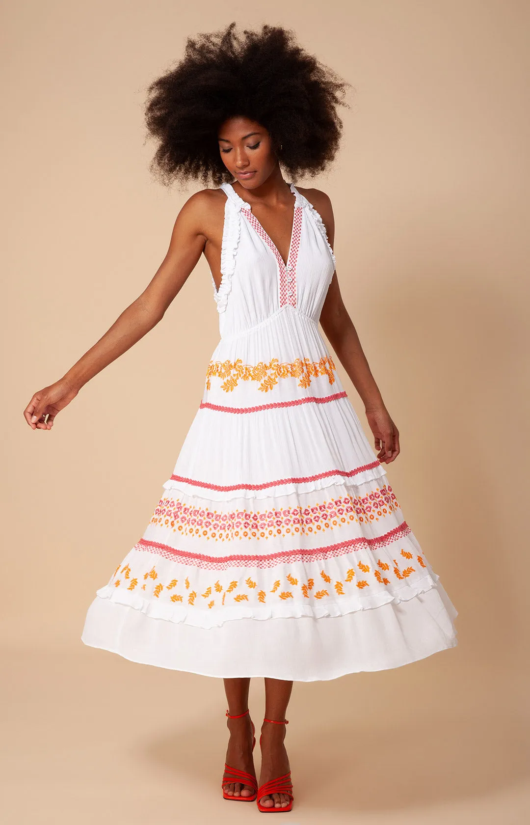Becky Embroidered Crinkle Gauze Midi Dress