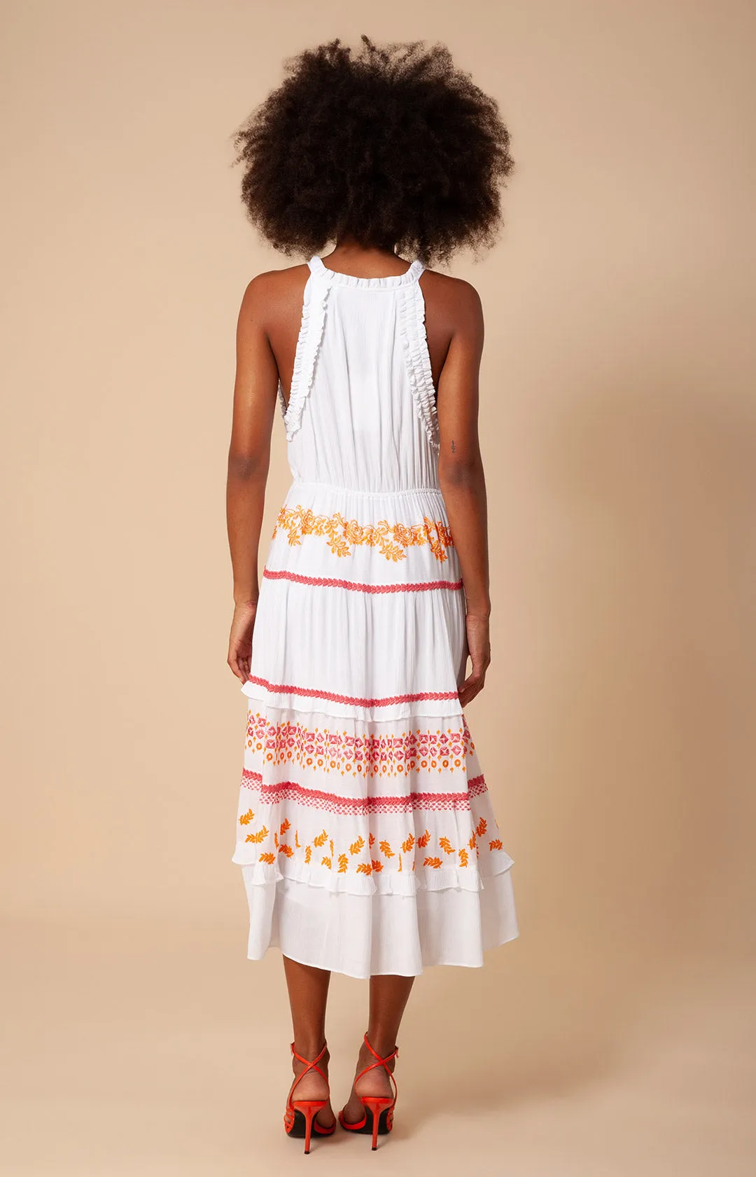 Becky Embroidered Crinkle Gauze Midi Dress