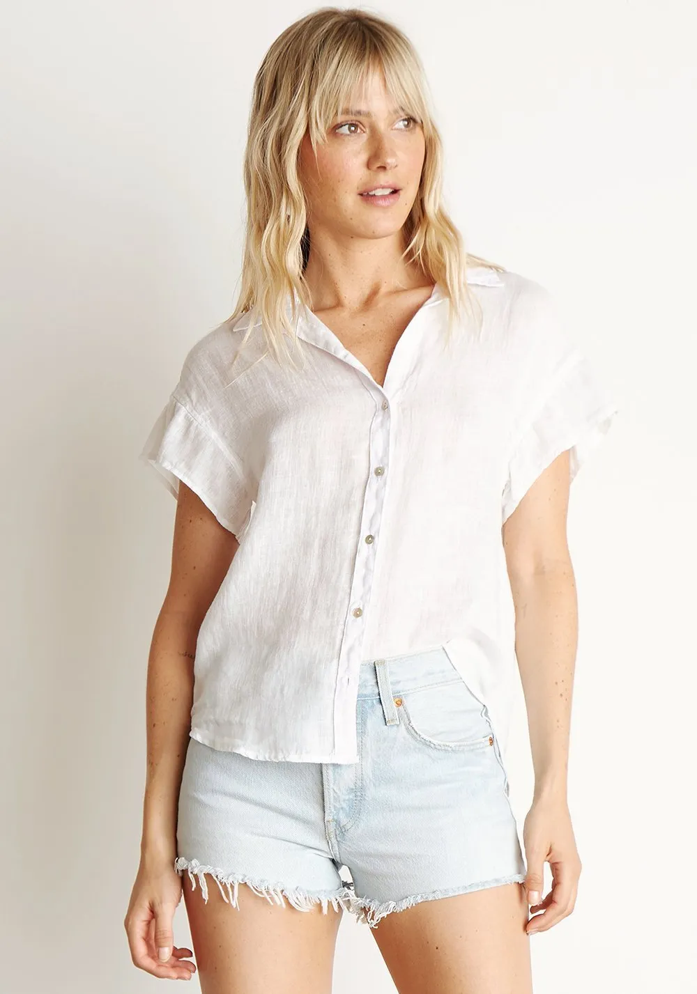 BELLA DAHL - Ruffle Short Sleeve Button Down in  White