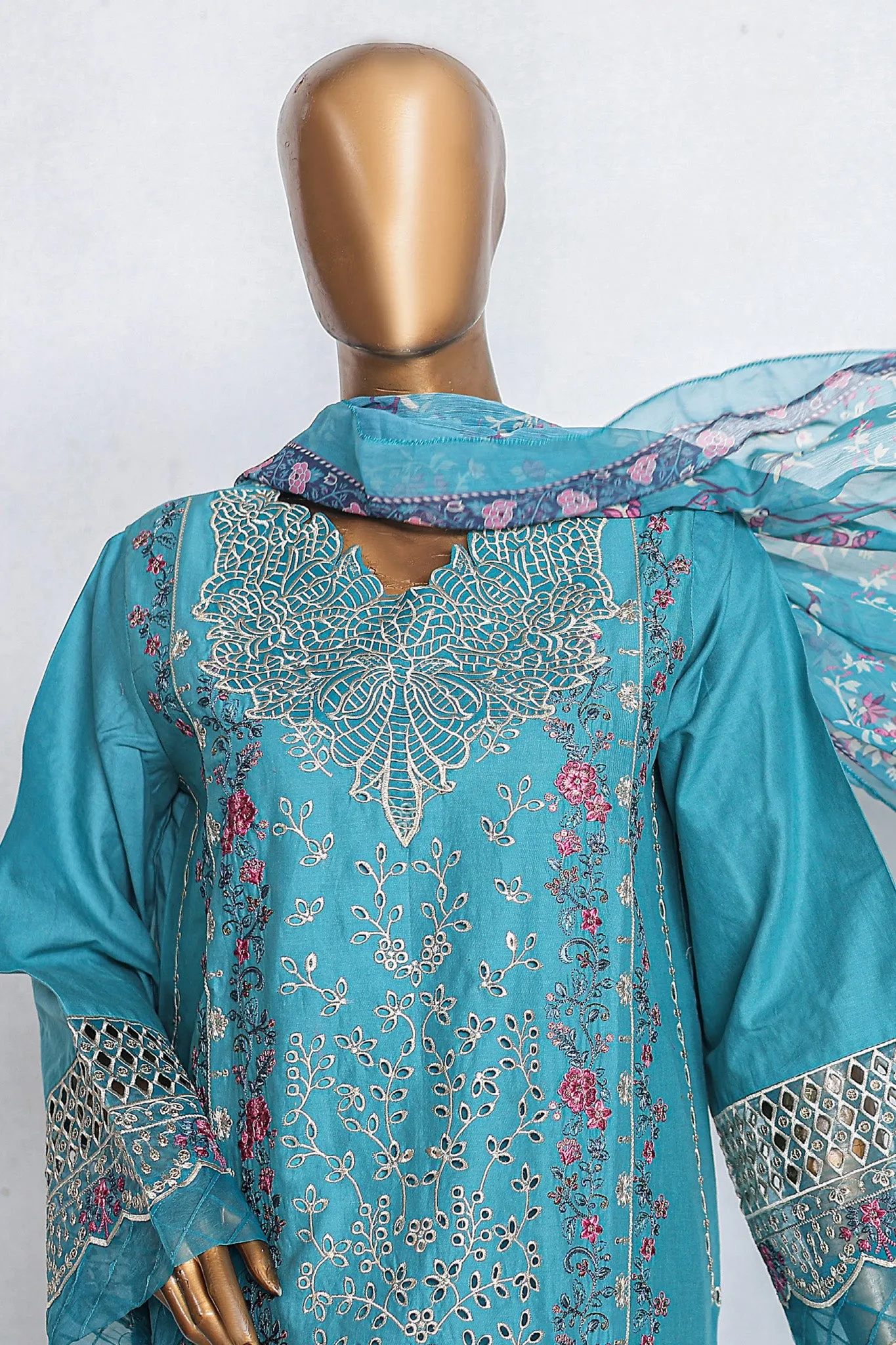 Bin Saeed Luxury Embroidered 3-Piece Stitched Cotton Collection 2024 - LF-1063 - Elegant Sea Green