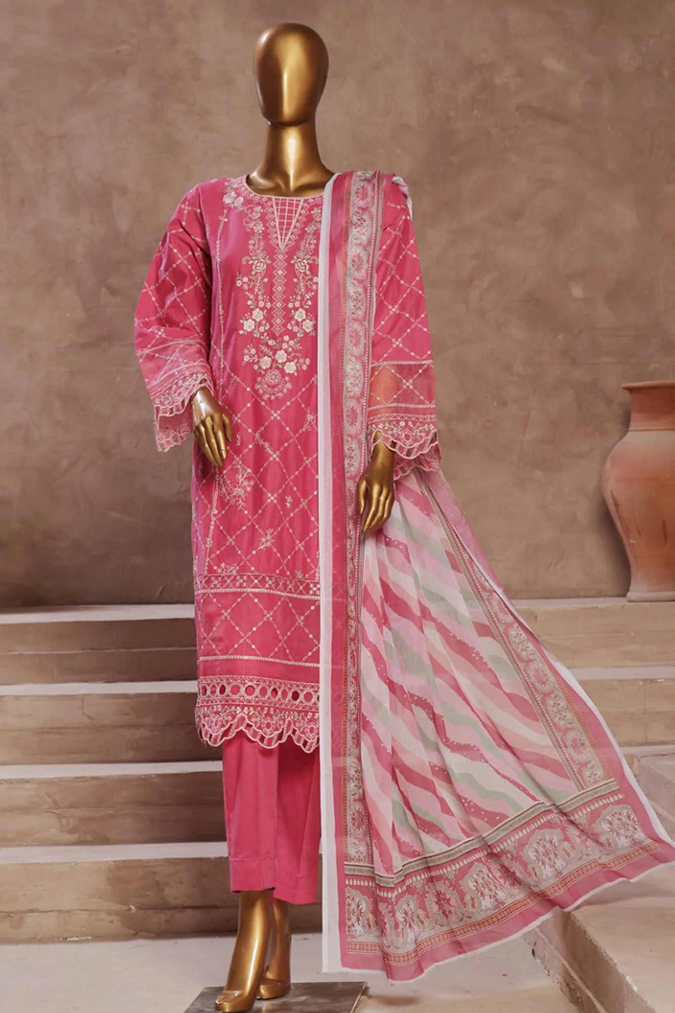 Bin Saeed Stitched 3 Piece Luxury Emb Cotton Vol-05 Collection'2024-LF-1196-Magenta