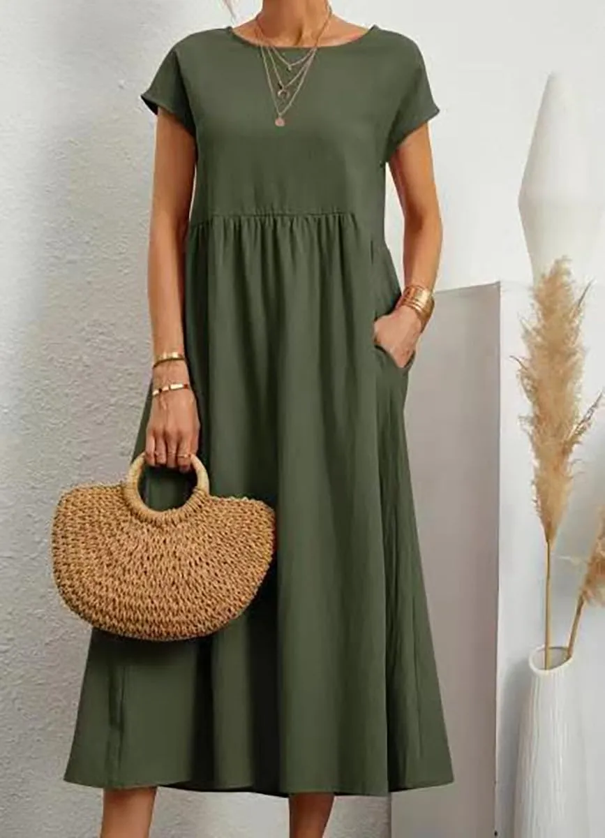 BIRW Cotton Linen Dresses for Women 2025 Summer Casual A Line Flowy Dress Beach Vacation Midi Gauze Dress with Pockets