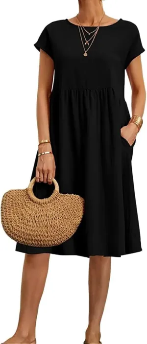 BIRW Cotton Linen Dresses for Women 2025 Summer Casual A Line Flowy Dress Beach Vacation Midi Gauze Dress with Pockets