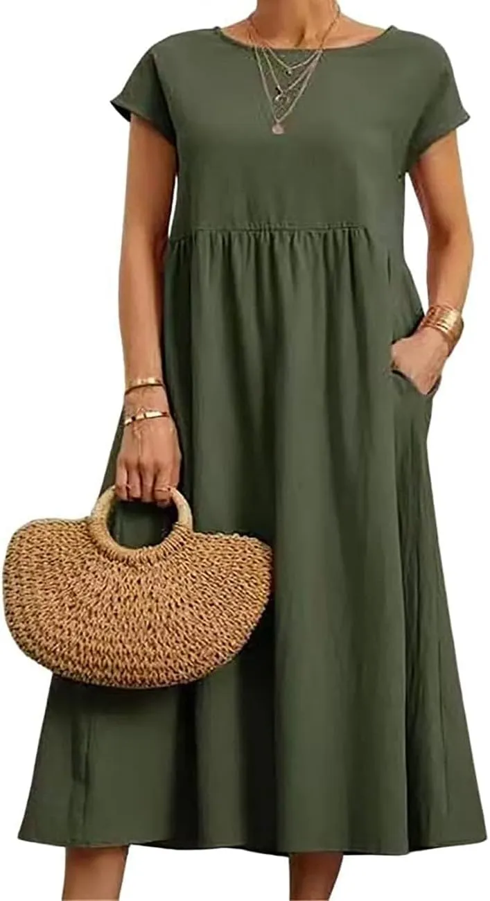 BIRW Cotton Linen Dresses for Women 2025 Summer Casual A Line Flowy Dress Beach Vacation Midi Gauze Dress with Pockets
