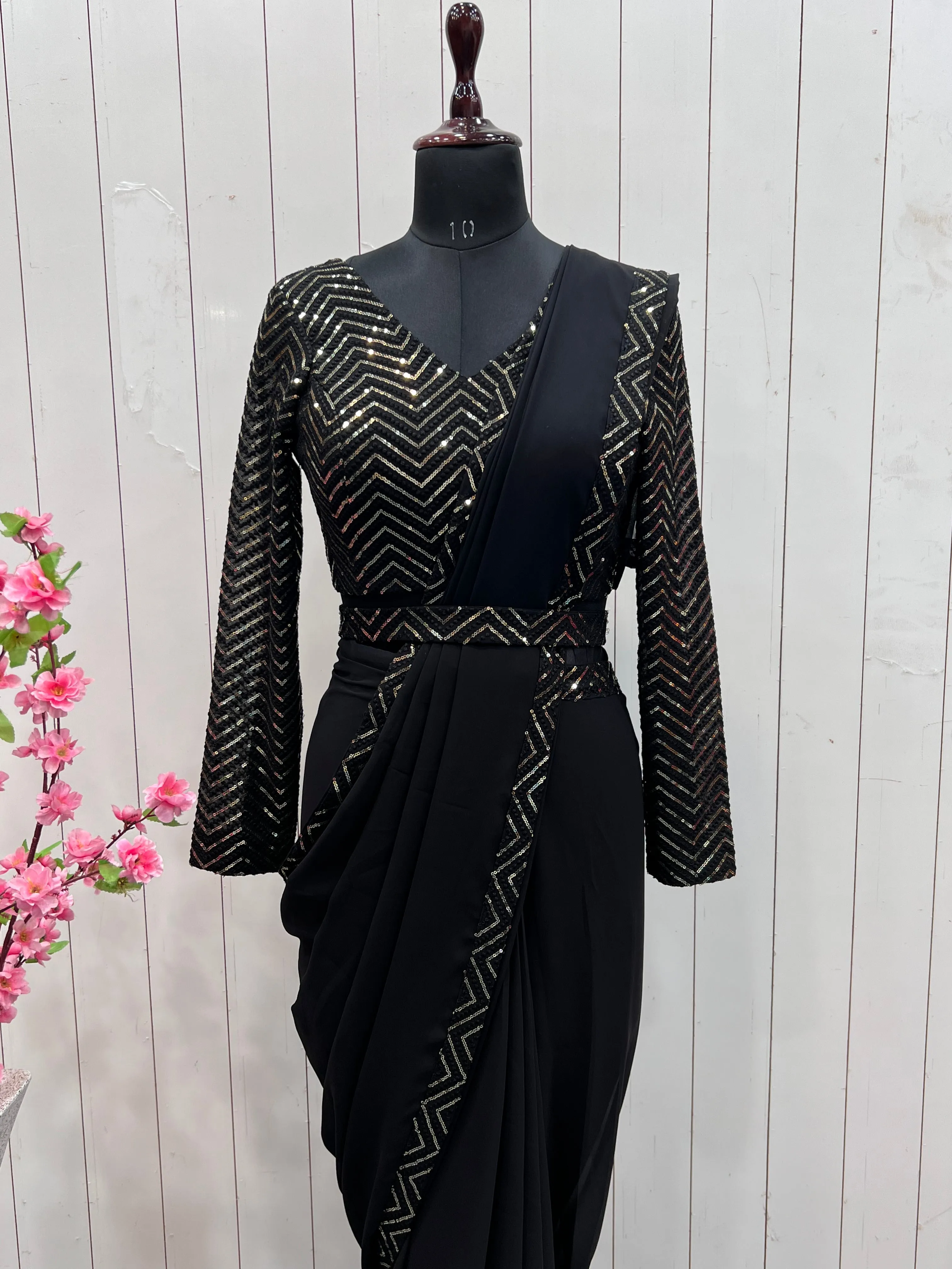 Black Faux Georgette Border Lace Work Saree With Stitched Blouse