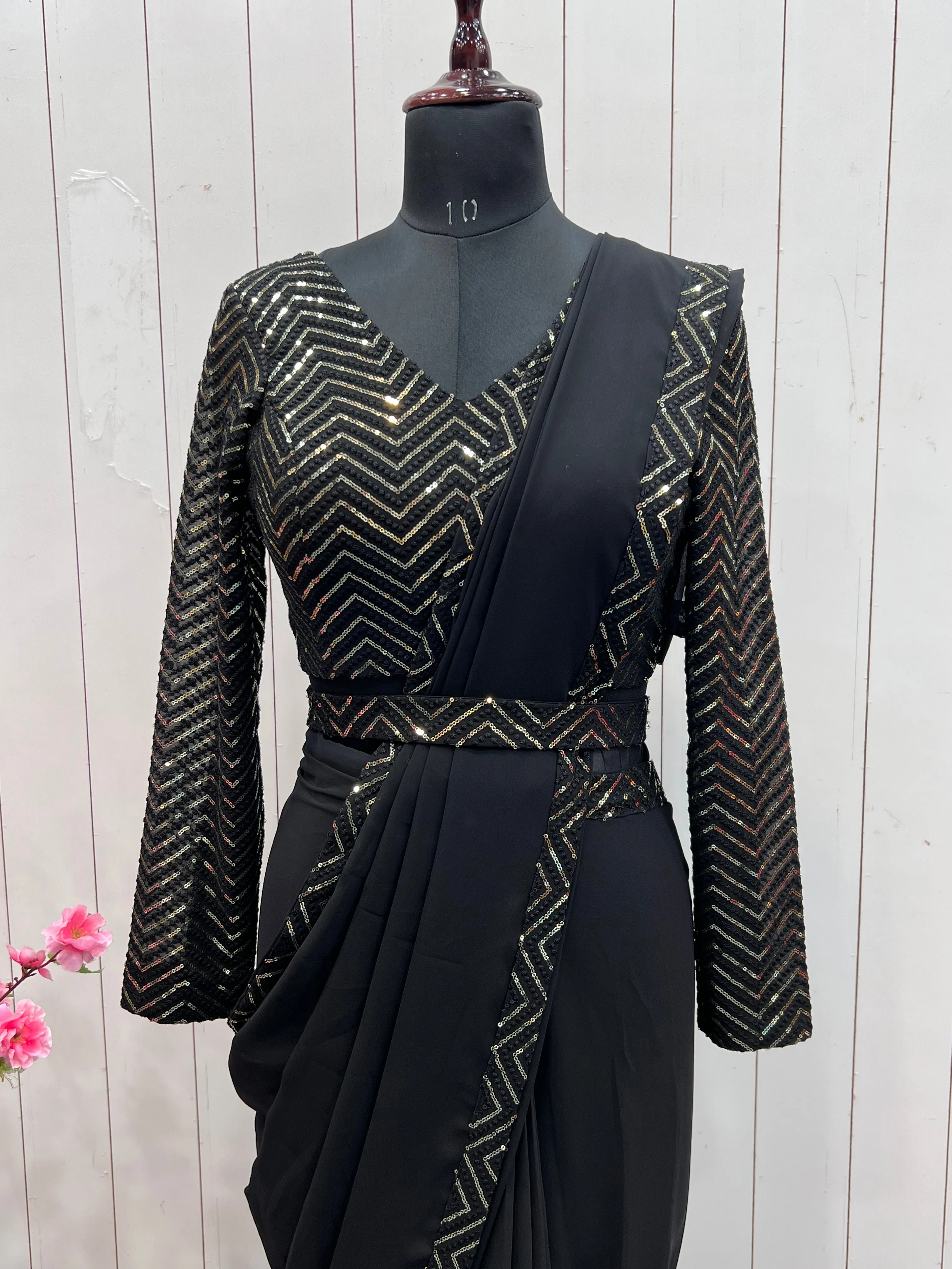 Black Faux Georgette Border Lace Work Saree With Stitched Blouse