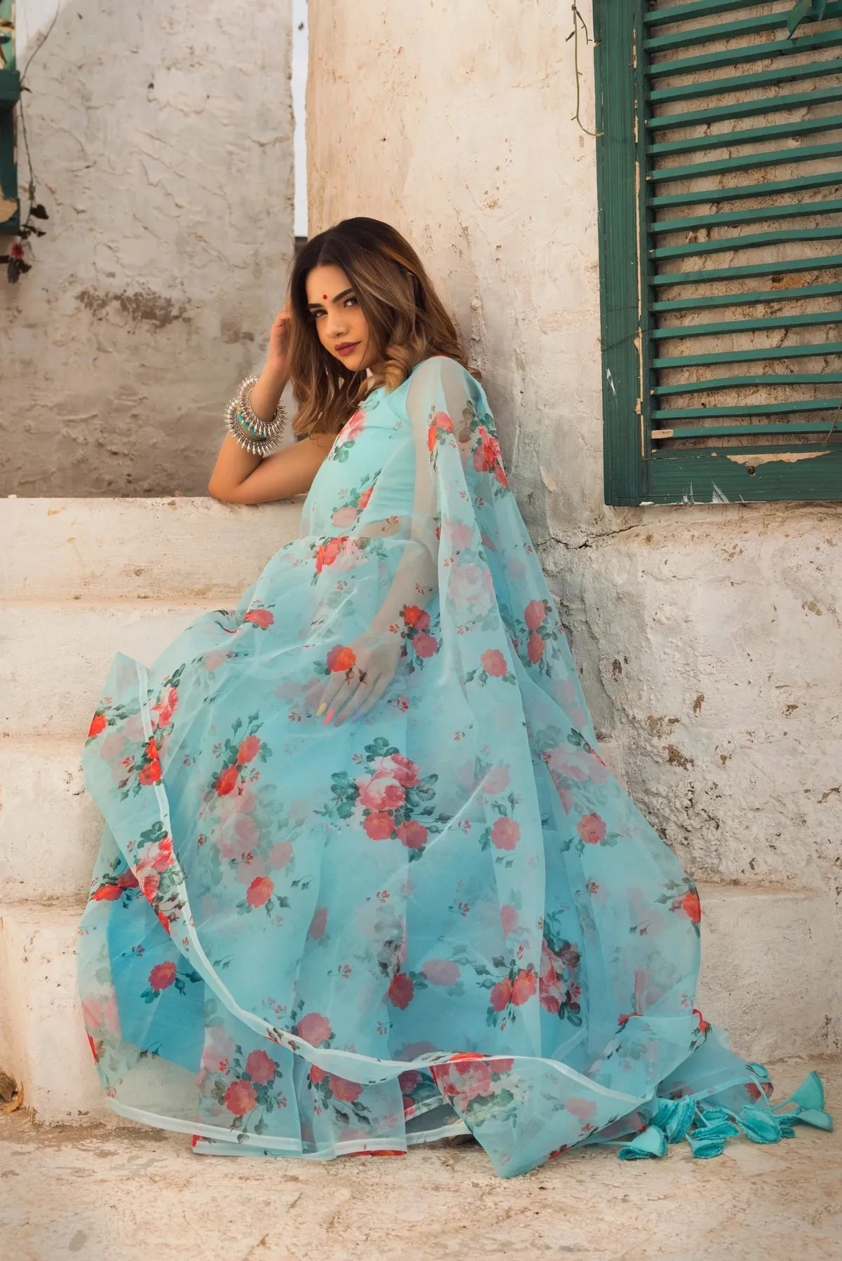 Blue & Red Organza Printed Saree with Cotton Blouse