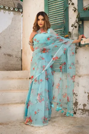 Blue & Red Organza Printed Saree with Cotton Blouse