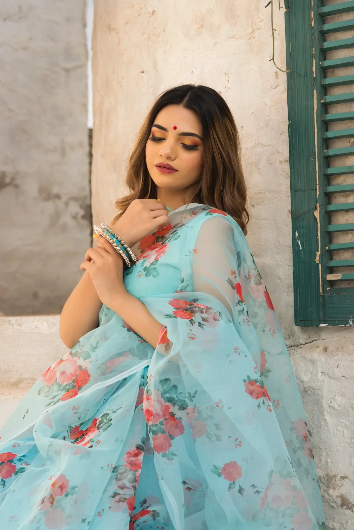 Blue & Red Organza Printed Saree with Cotton Blouse
