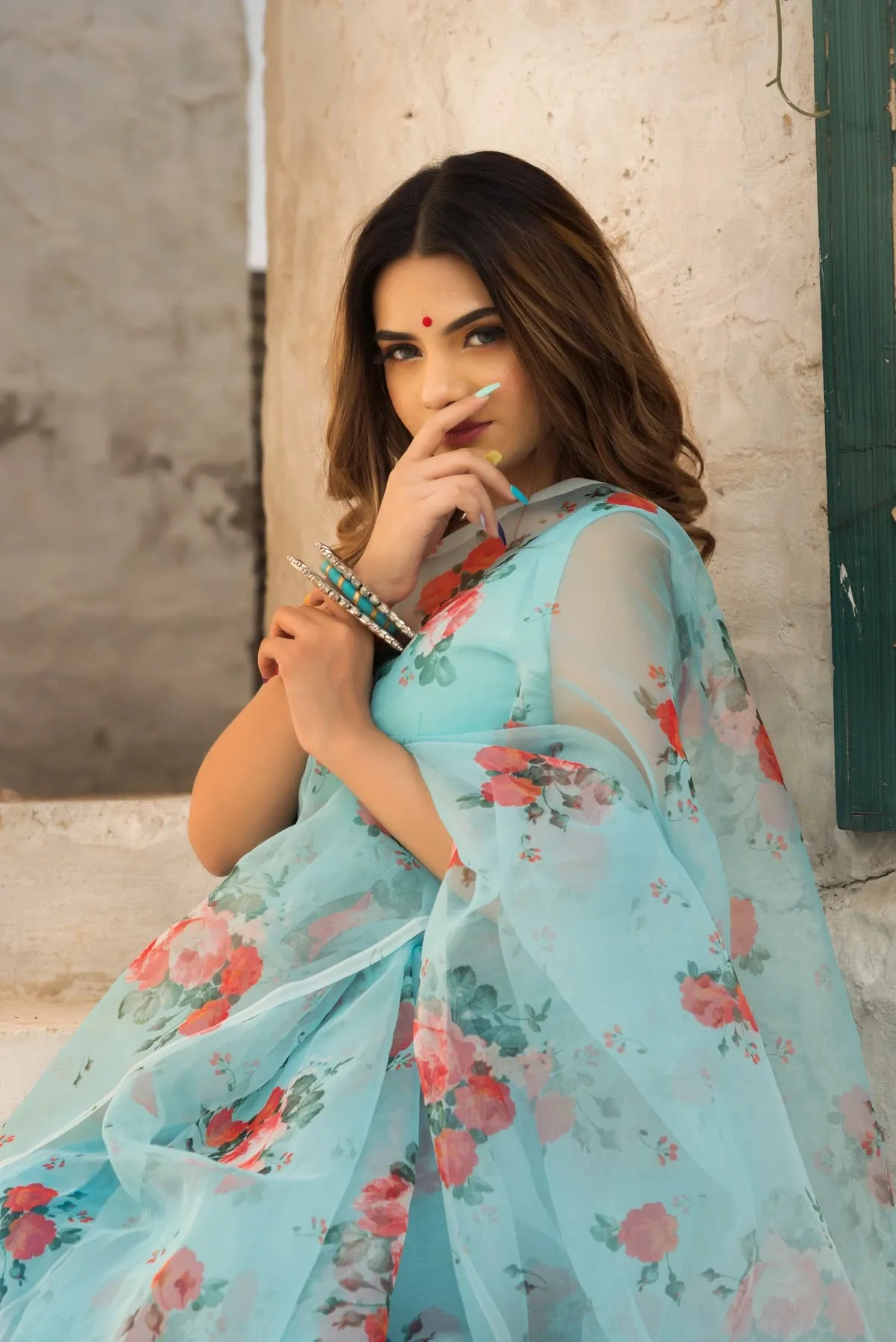 Blue & Red Organza Printed Saree with Cotton Blouse