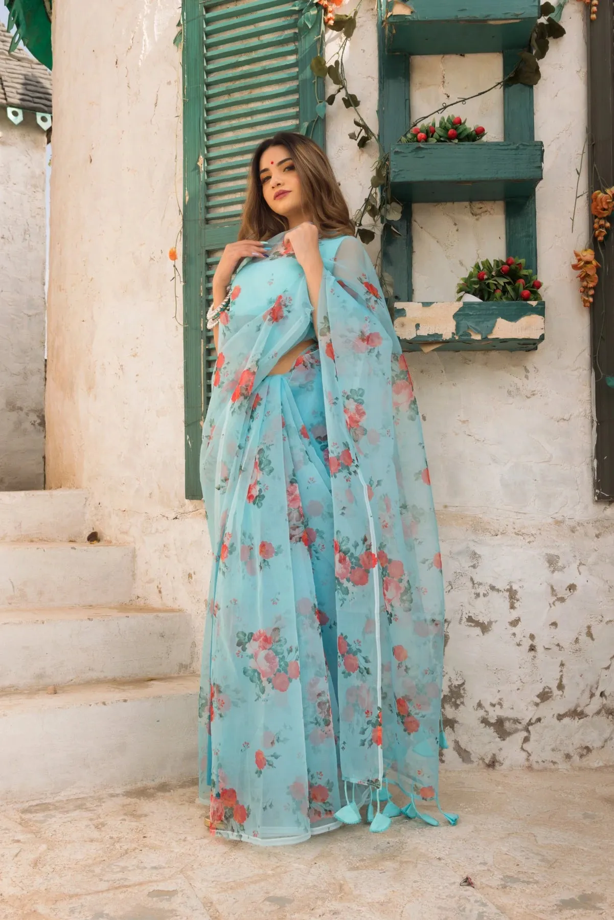 Blue & Red Organza Printed Saree with Cotton Blouse
