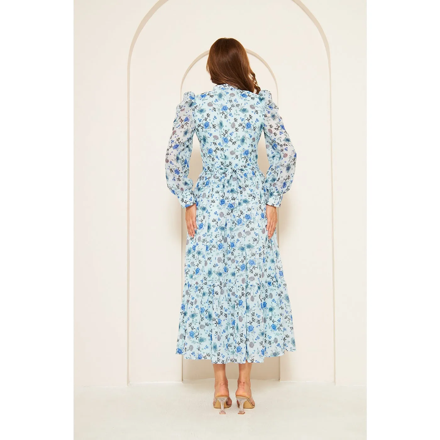 Blue Chiffon Floral Shirt Dress