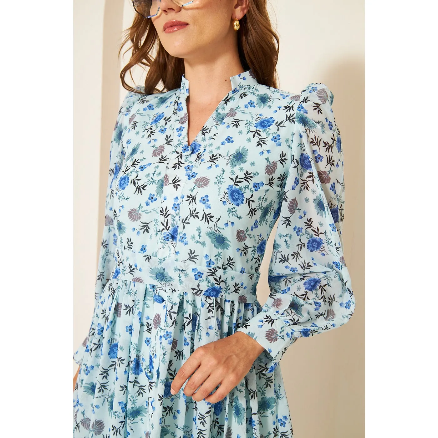 Blue Chiffon Floral Shirt Dress