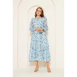 Blue Chiffon Floral Shirt Dress