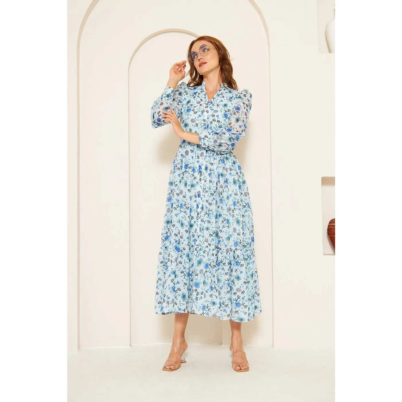 Blue Chiffon Floral Shirt Dress